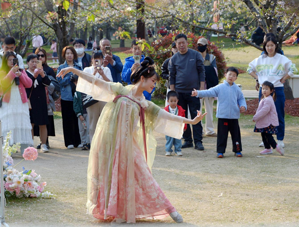 清明假期期間,上海顧村公園櫻花島上,游客在觀賞國(guó)風(fēng)漢服快閃表演。(圖片來源:視覺中國(guó))