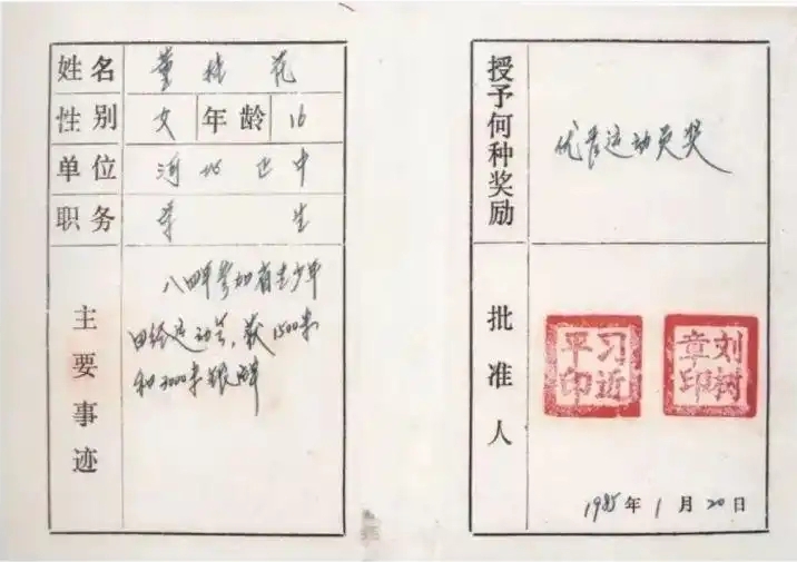圖為1985年1月,時(shí)任正定縣委書記的習(xí)近平為參賽運(yùn)動(dòng)員頒發(fā)的“優(yōu)秀運(yùn)動(dòng)員獎(jiǎng)”。